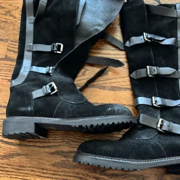 Free People size 9 Tristie Buckle Straps Knee High Boots Suede Lug Black